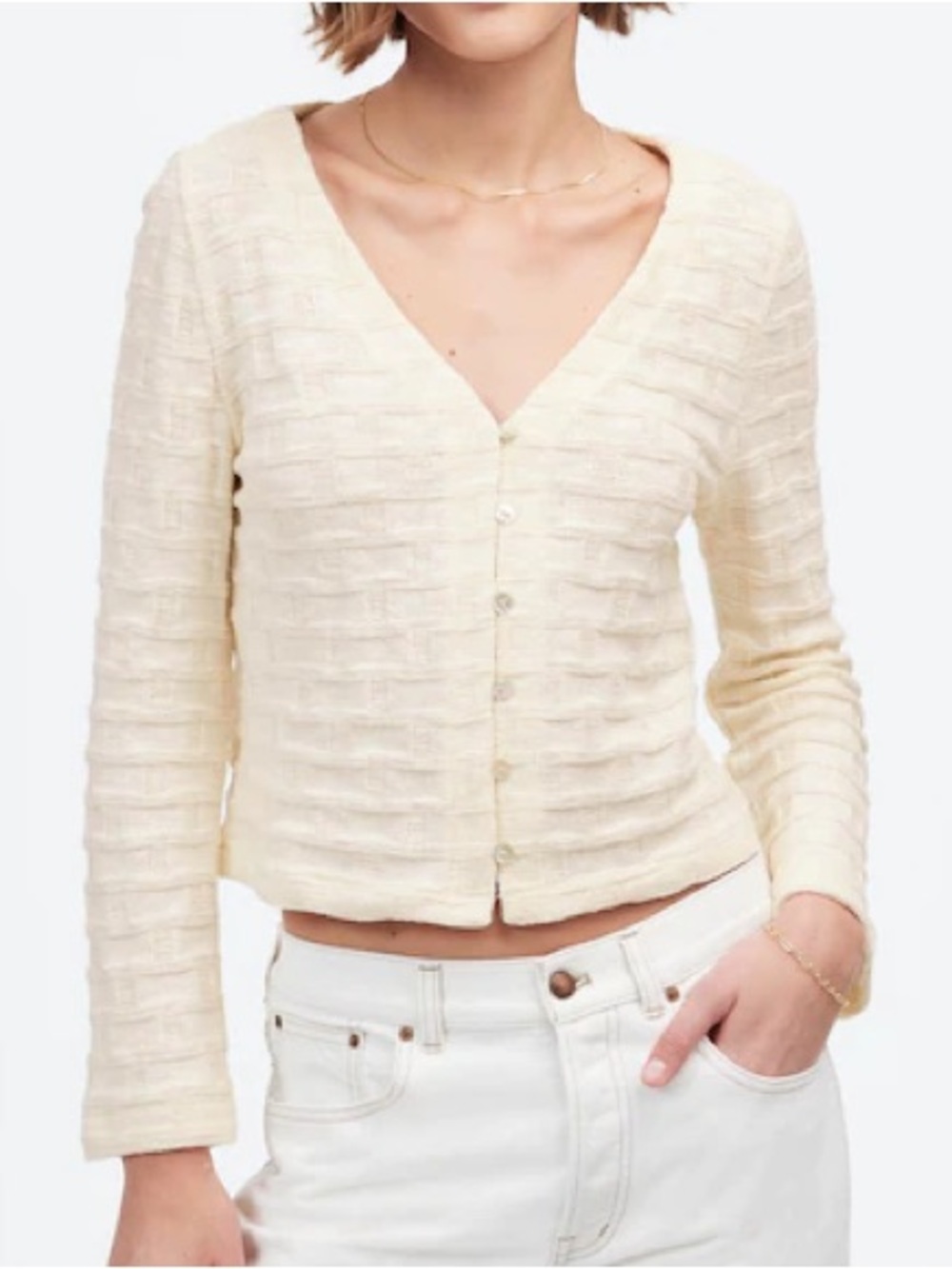 Madewell Basket-Weave Stitch Long-Sleeve Sweater Tee Antique Cream Minimalist S